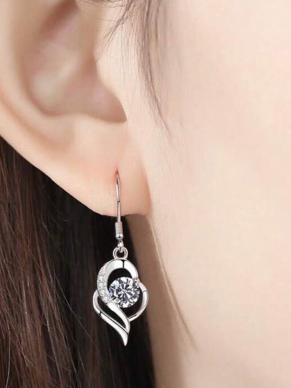 Silver Heart Crystal Drop Earrings - Picture 3 of 3